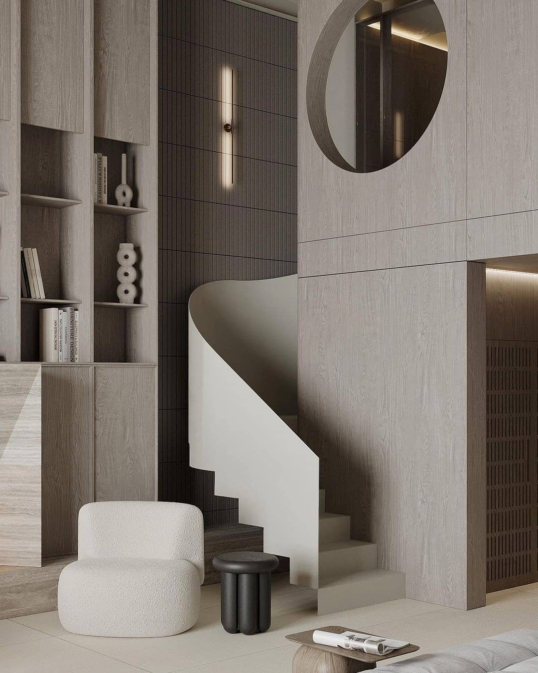 Scandinavian interior design showing a creative stairs design with curved handrail.