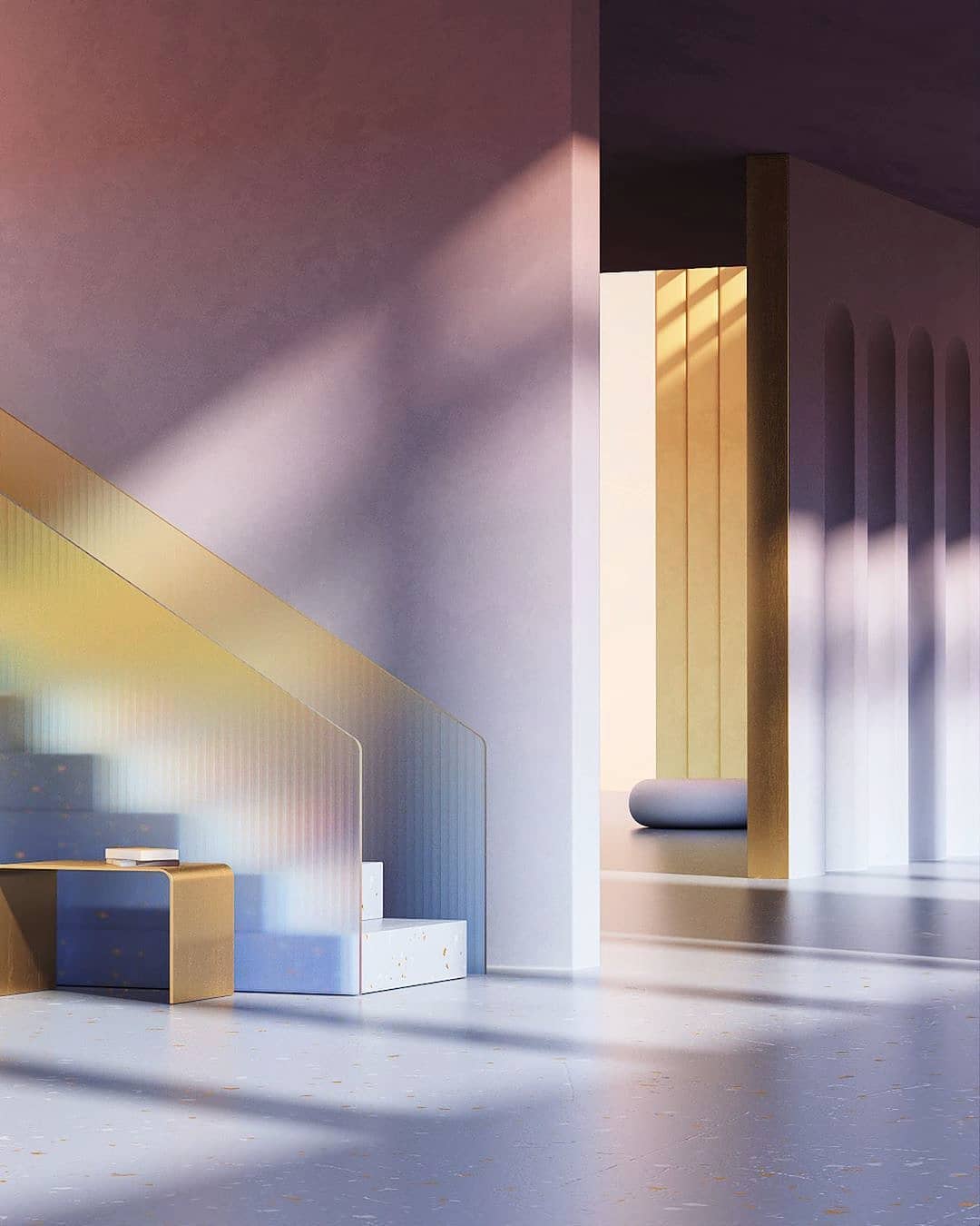 Pastel colored interior with transparent handrail stairs, lit by natural light.