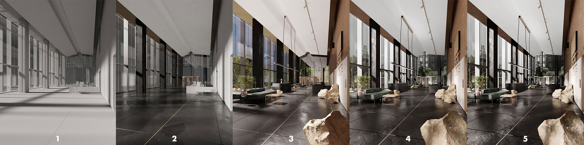 The visualization steps for the lobby interior.
