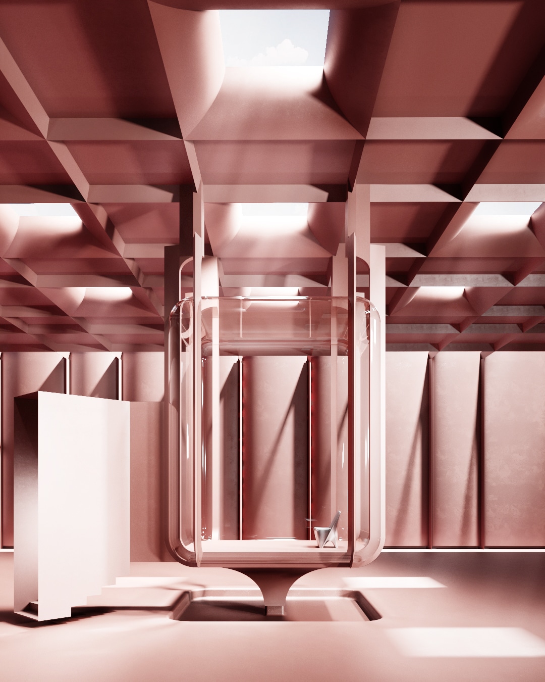 Pink design industrial space with ceiling luminators, showcasing the Sloo Vondom chair.