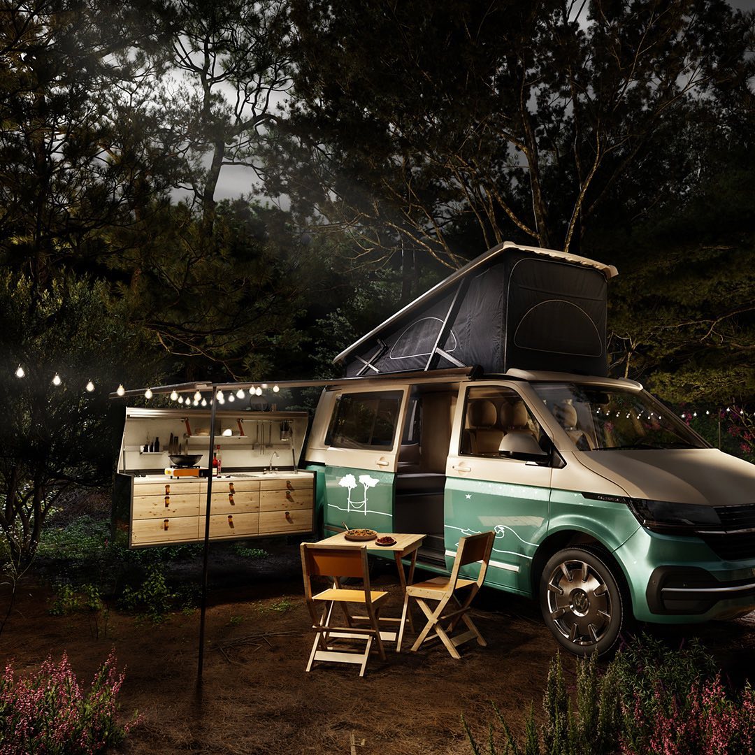 VW camper van rendered at night in the woods, with hanging garden lights around. 