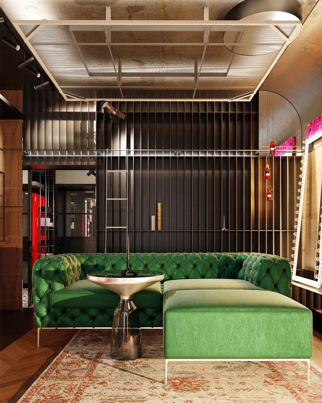 Industrial opulence design with green chesterfield sofa, visualized in 3d.