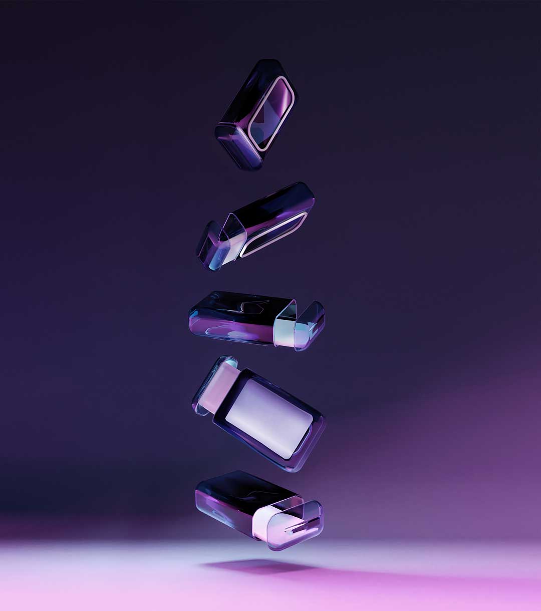 Product visualization presenting a floating piece of plastic furniture, on a purple background.