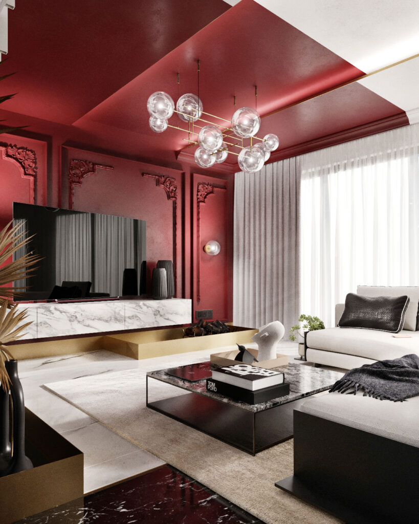 Neo classical design of a living room, with red and white walls.