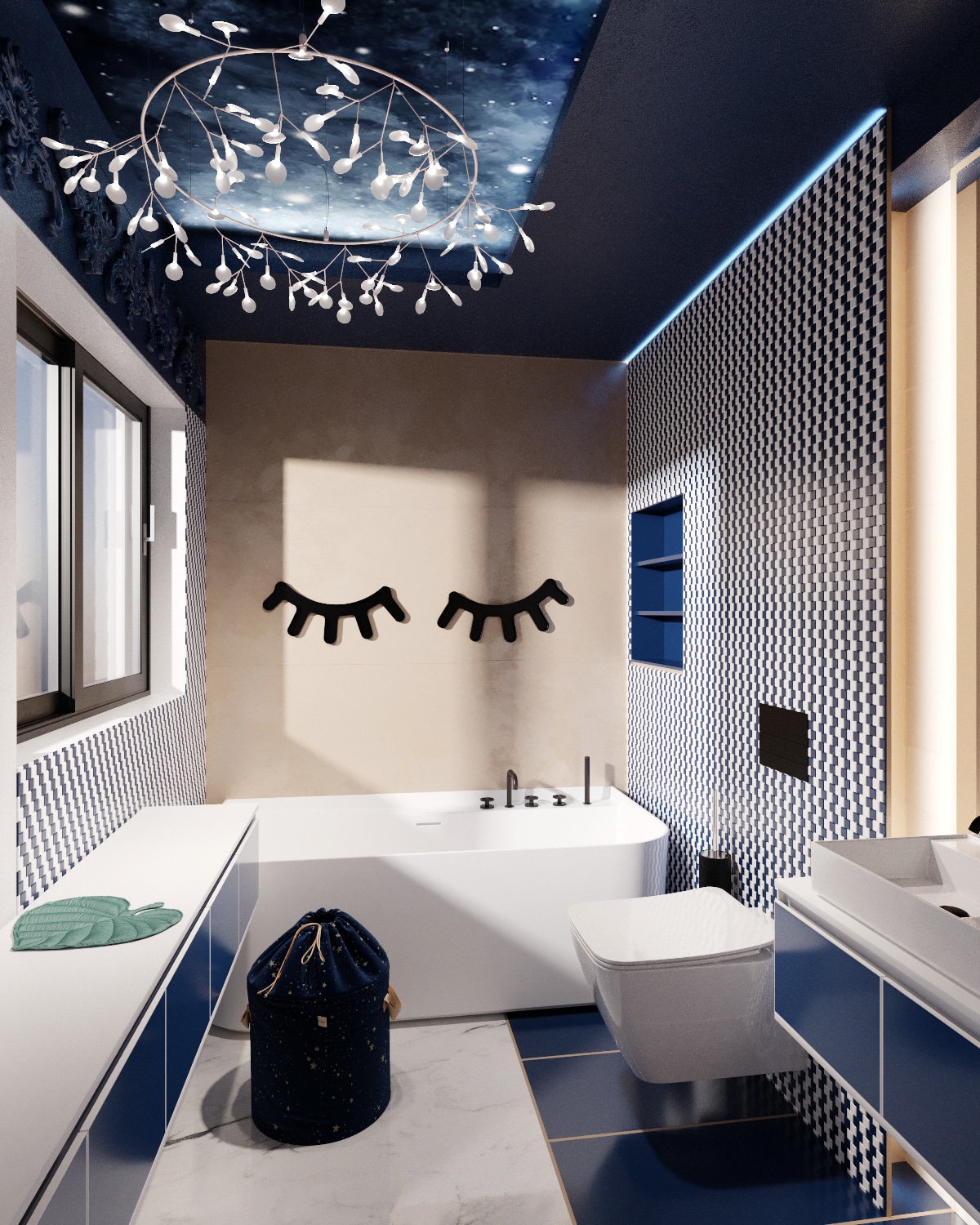 The child bathroom rendering, blue and champagne design, with starry sky print on the ceiling.