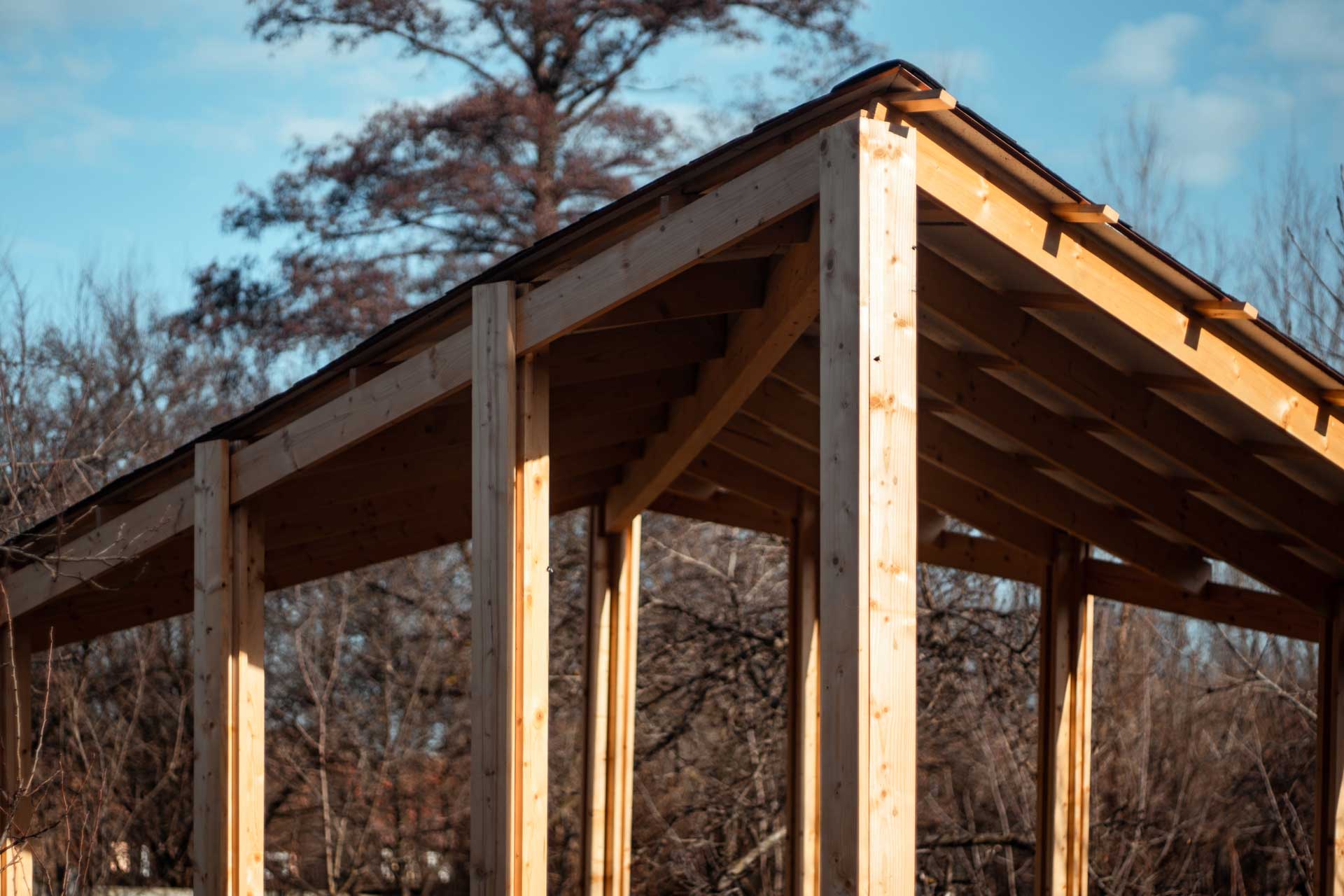 DIY patio made of wood, image showing a roof close-up.