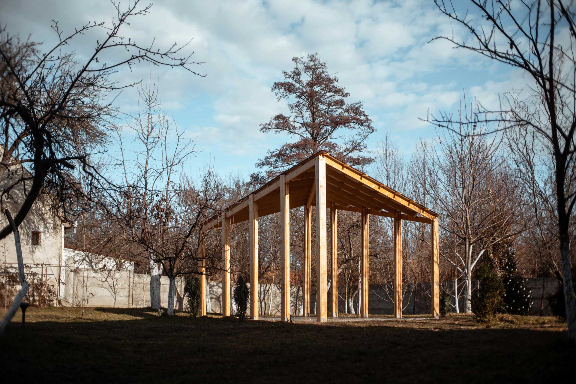 The finished wood structure in an autumn morning light.