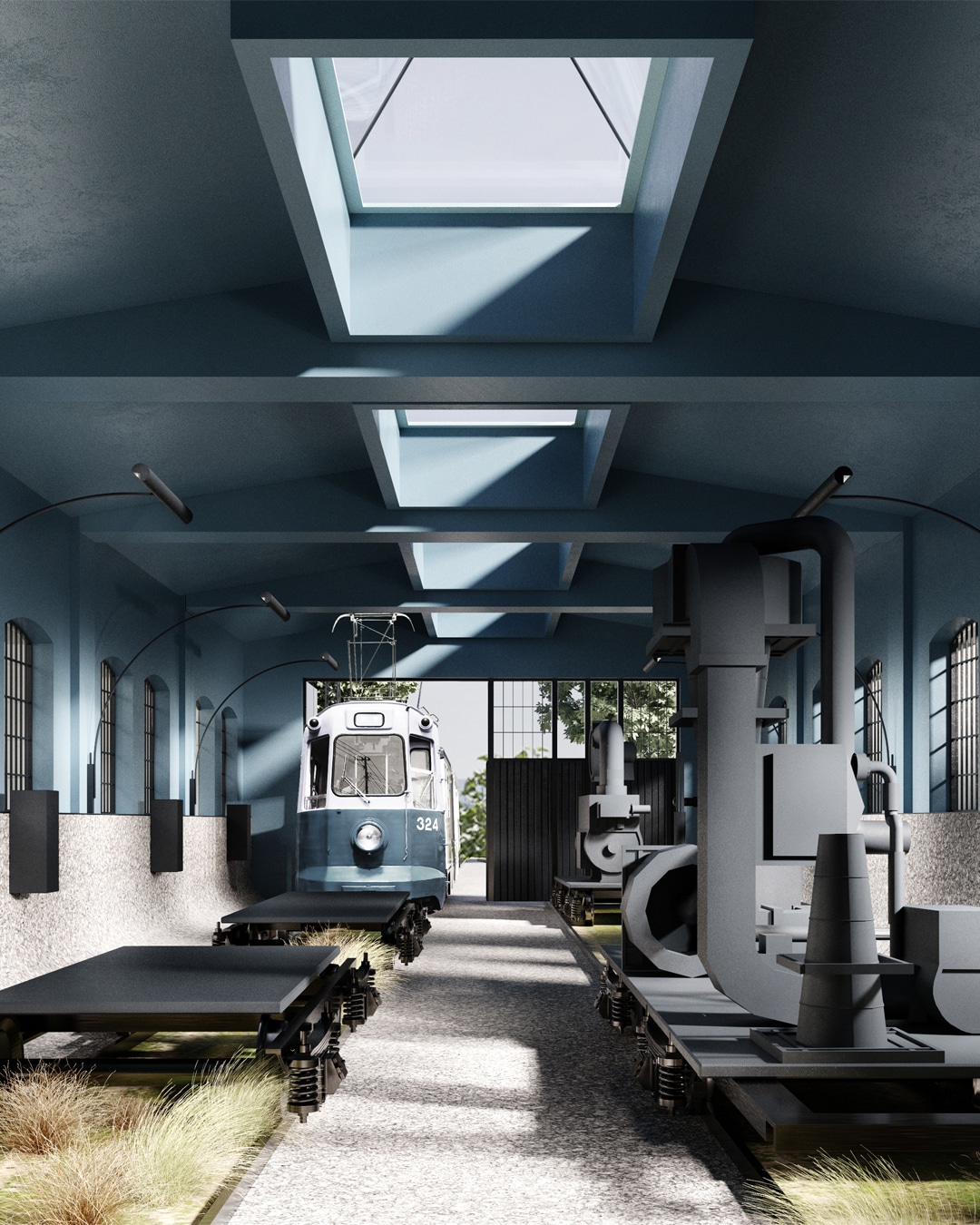 Interior visualization of a steel artisan workshop inside the repurposed tramway station.