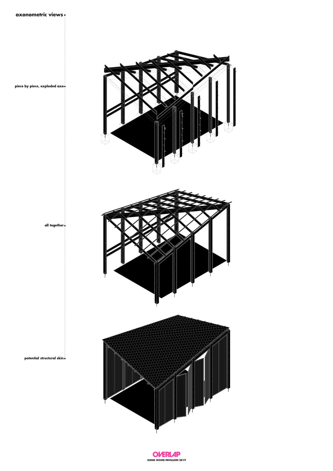 Exploded axonometric drawing of the pavilion, that shows how to fit elements together.