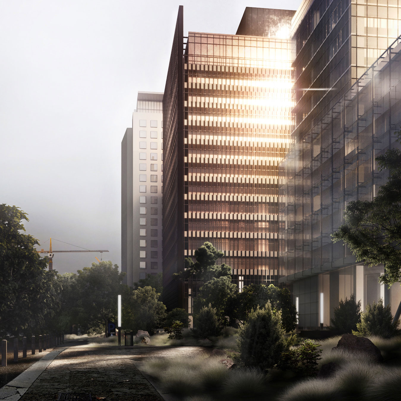 Archviz of an office building that reflects the sun in the windows.