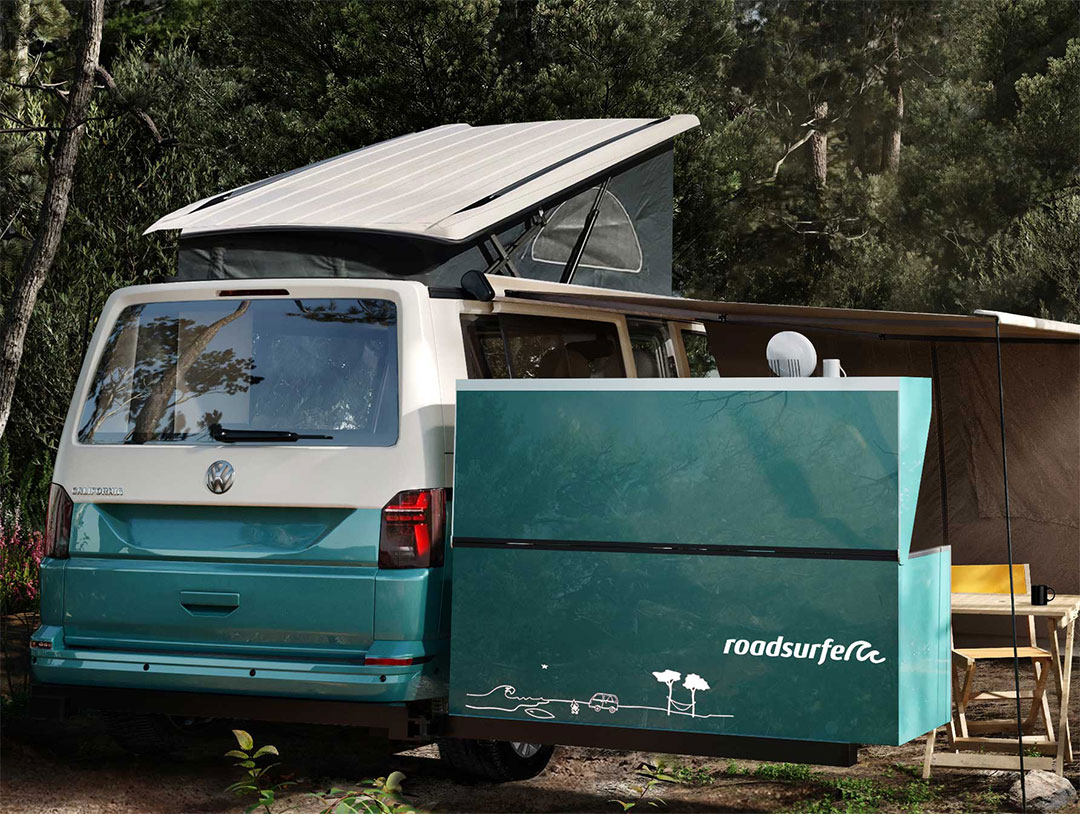 Camper van in the woods, 3d photoreal render.