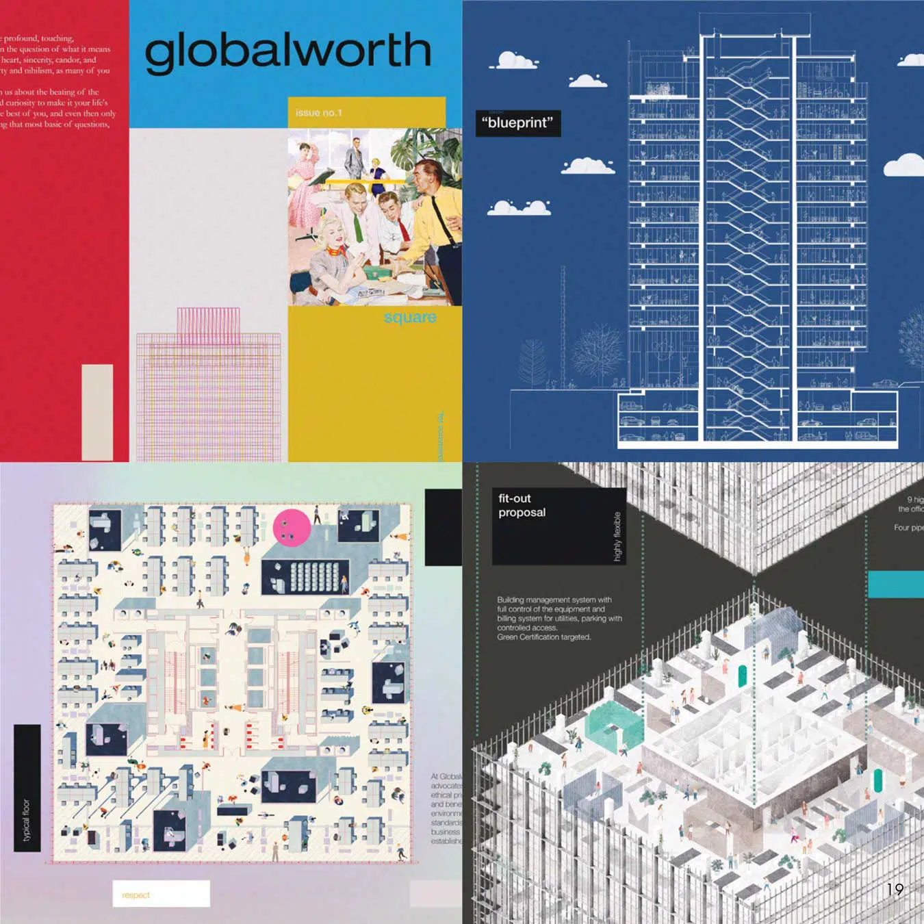 Office building blueprints and axonometry