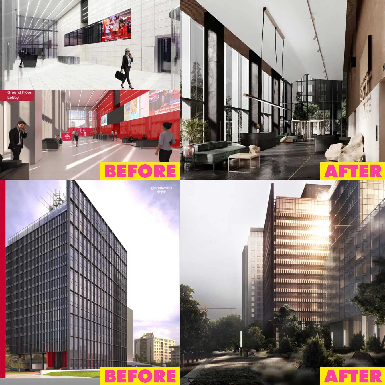 Before and after images of the interior space.