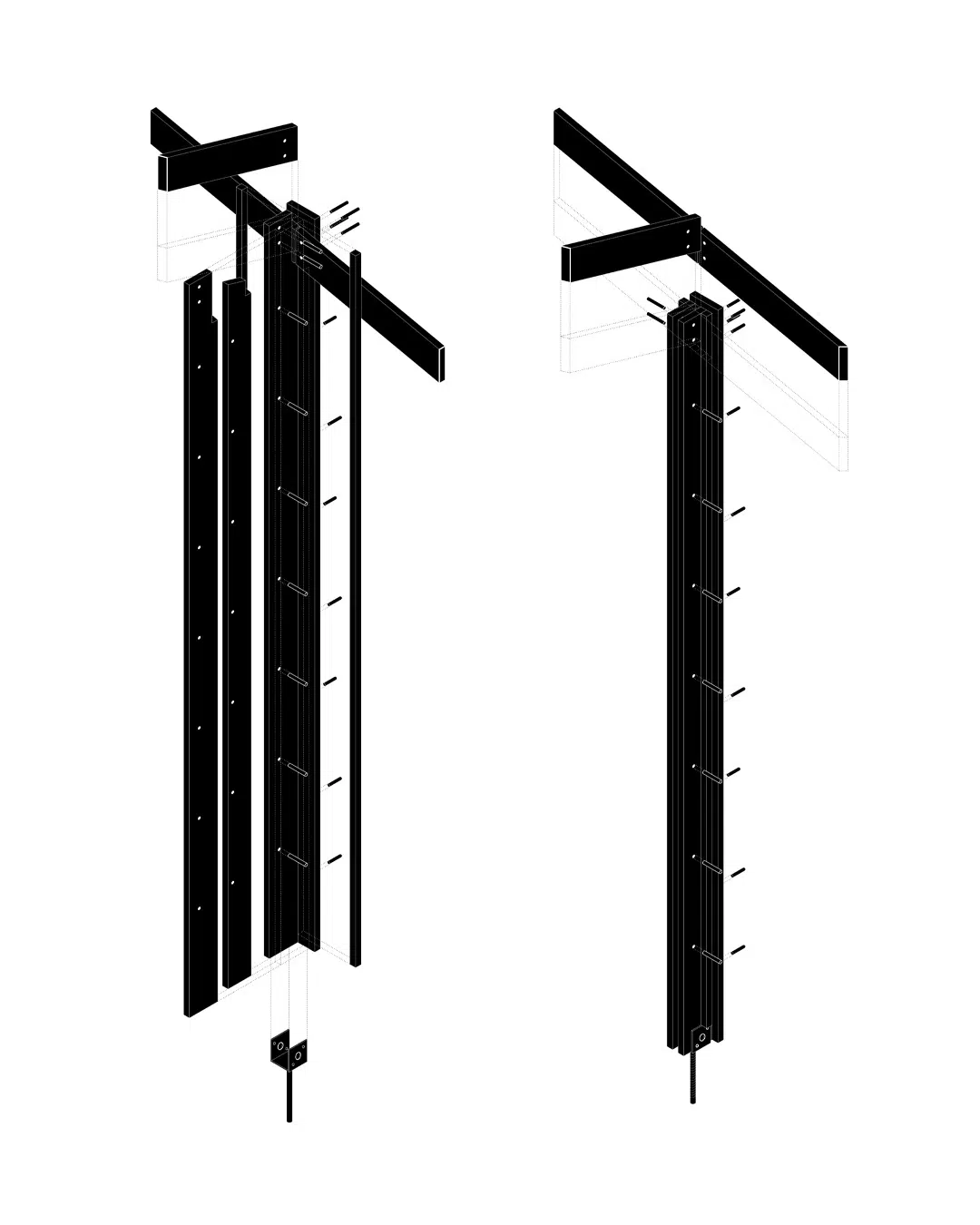 Axonometry of the wooden pavilion pillar and rafters
