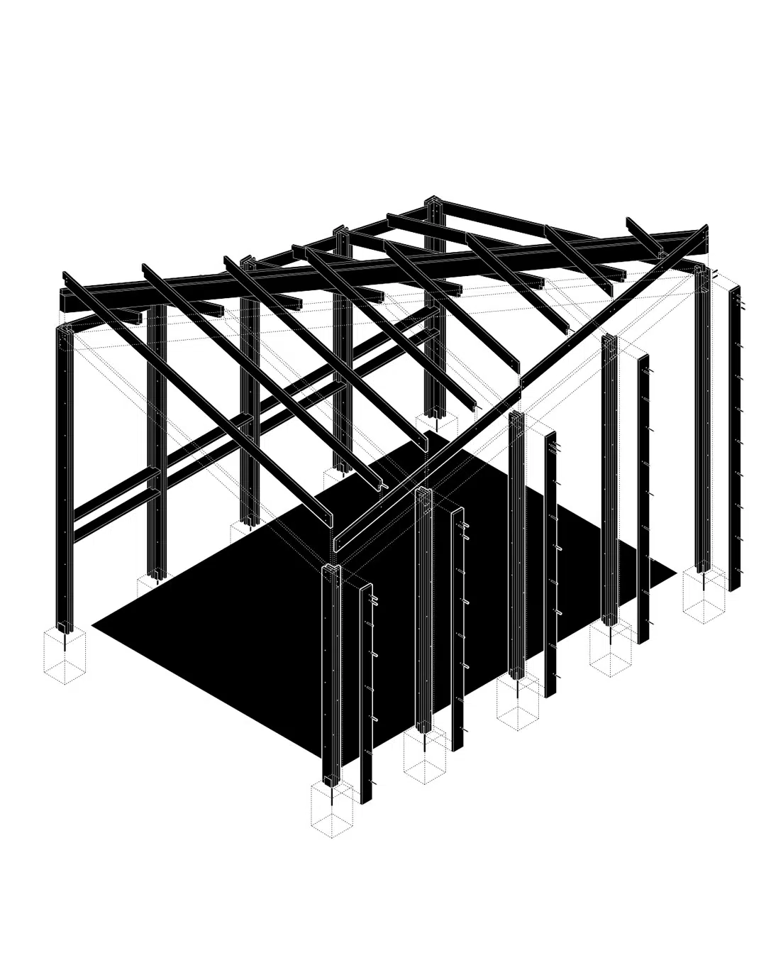 Exploded axonometry of the wood pavilion