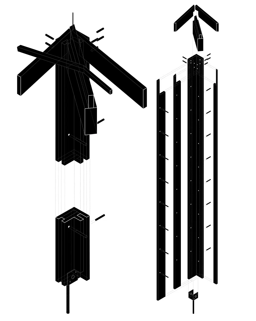 Isometric view of the corner wood pillar, beam and rafters