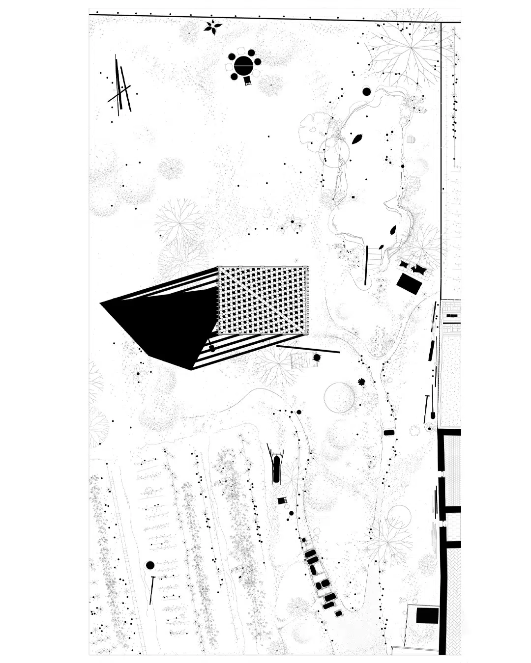 Site plan of the backyard with the wood pavilion