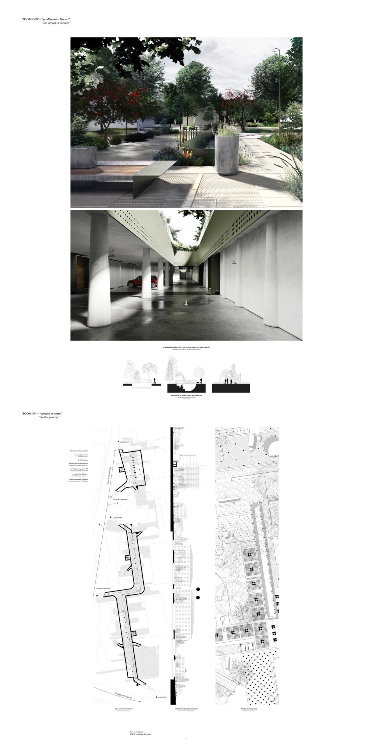 The public space and the underground parking lots, rendering and architectural plans.