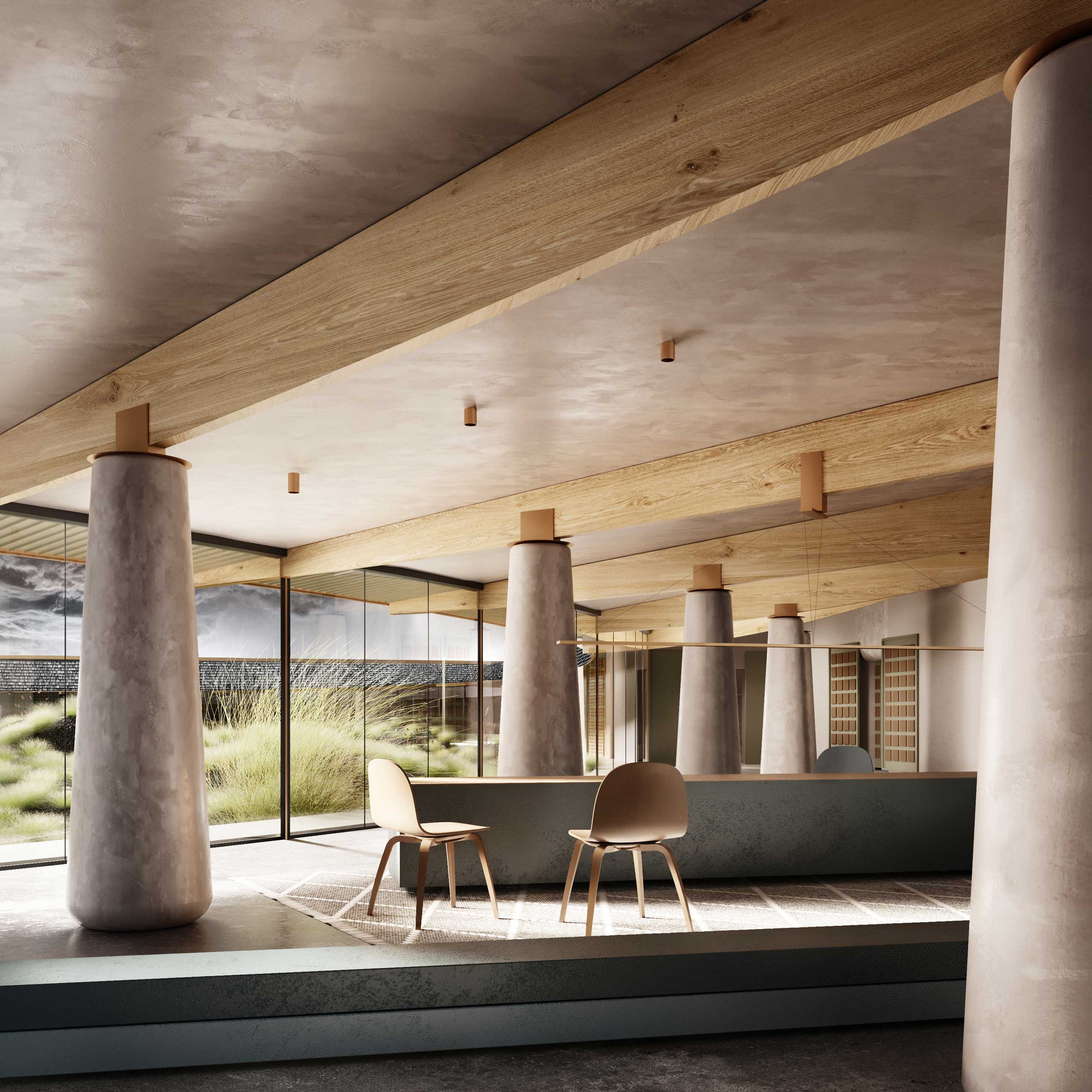 School enclosure rendering with concrete pillars and wood beams.